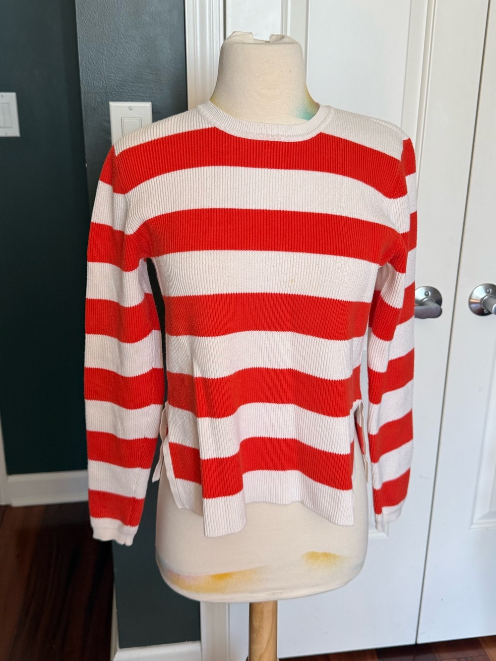 Ganni Orange and White Striped Crewneck Sweater